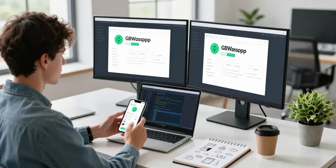 GBWhatsApp features displayed on modern tech workspace, highlighting user interaction.