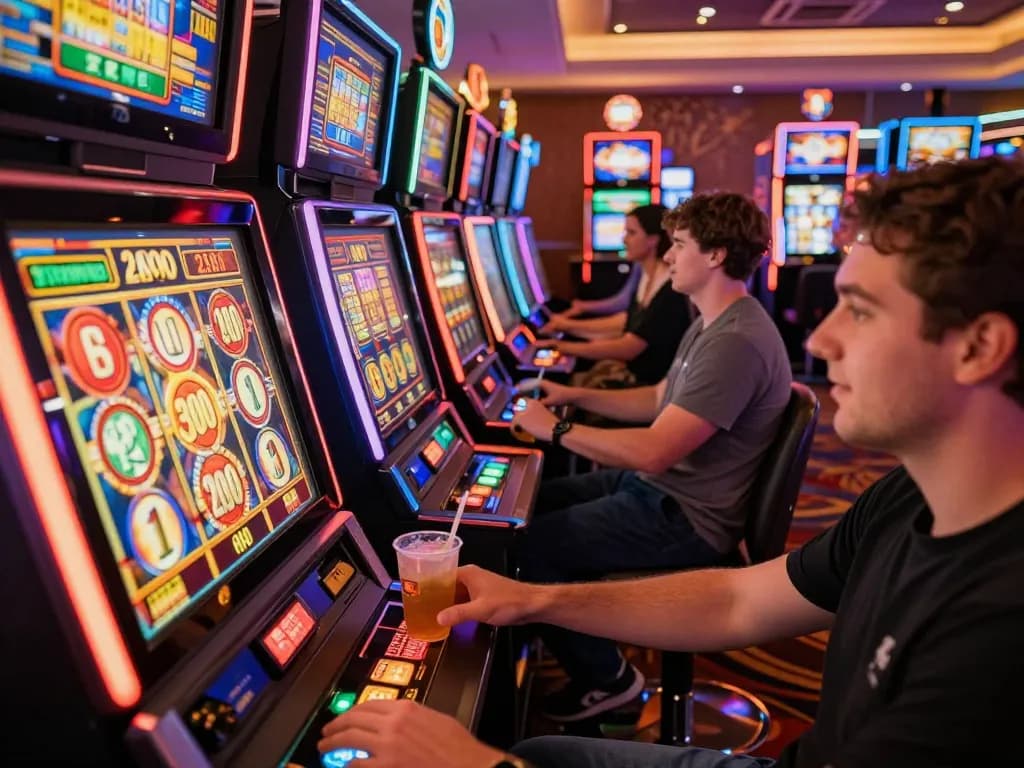 Excited player enjoying a slot bet 200 moment at a colorful casino floor filled with slot machines.
