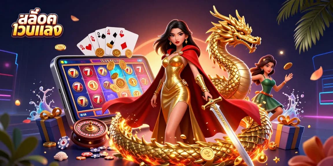 Explore สล็อตเว็บตรง with stunning visuals of a warrior queen amidst vibrant slot gaming elements.