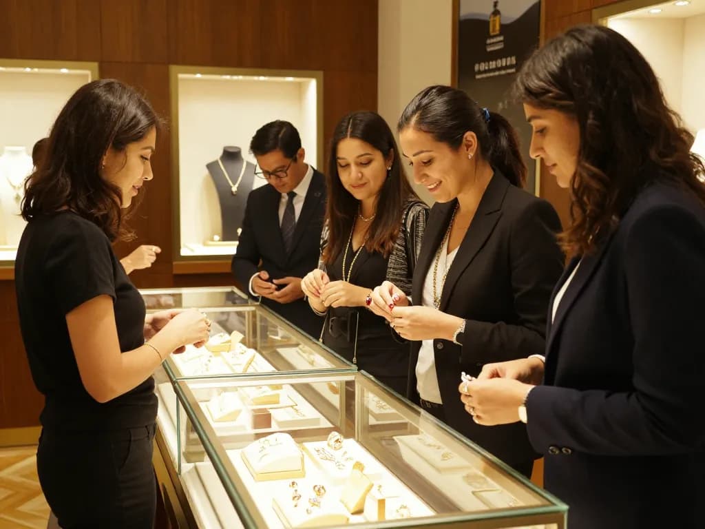 Customers admiring luxury jewelry in this website's elegant showroom