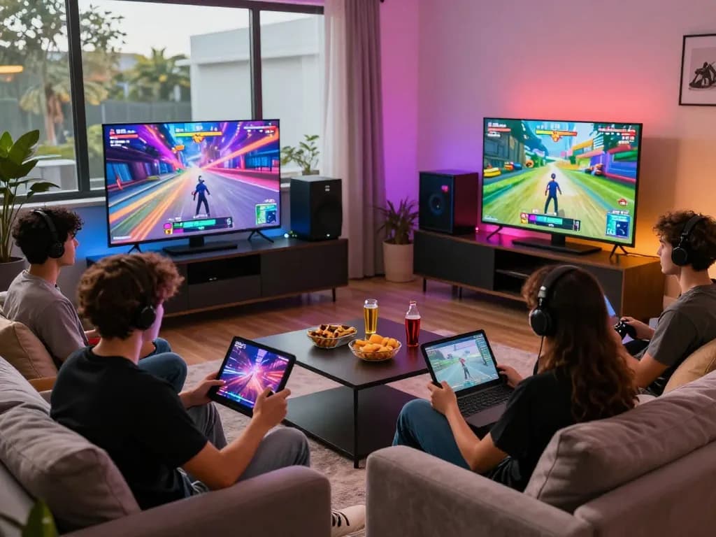 Group of friends enjoying multiplayer porno games in modern living room with vibrant decor and cozy atmosphere.