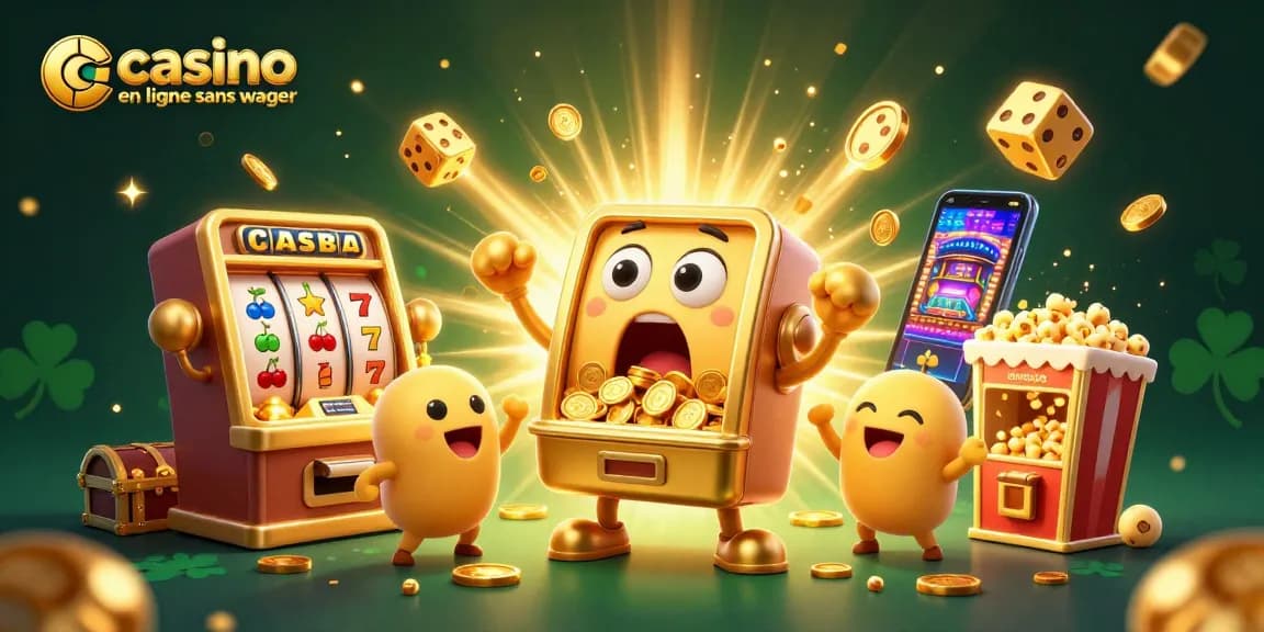 Jouer au casino en ligne sans wager avec des machines à sous dorées et des pièces qui tombent.