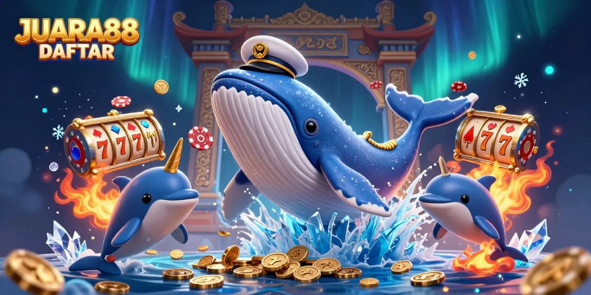 Engage with the thrilling adventure of JUARA88 DAFTAR, featuring a whale character amidst a sea of coins and slot machines.