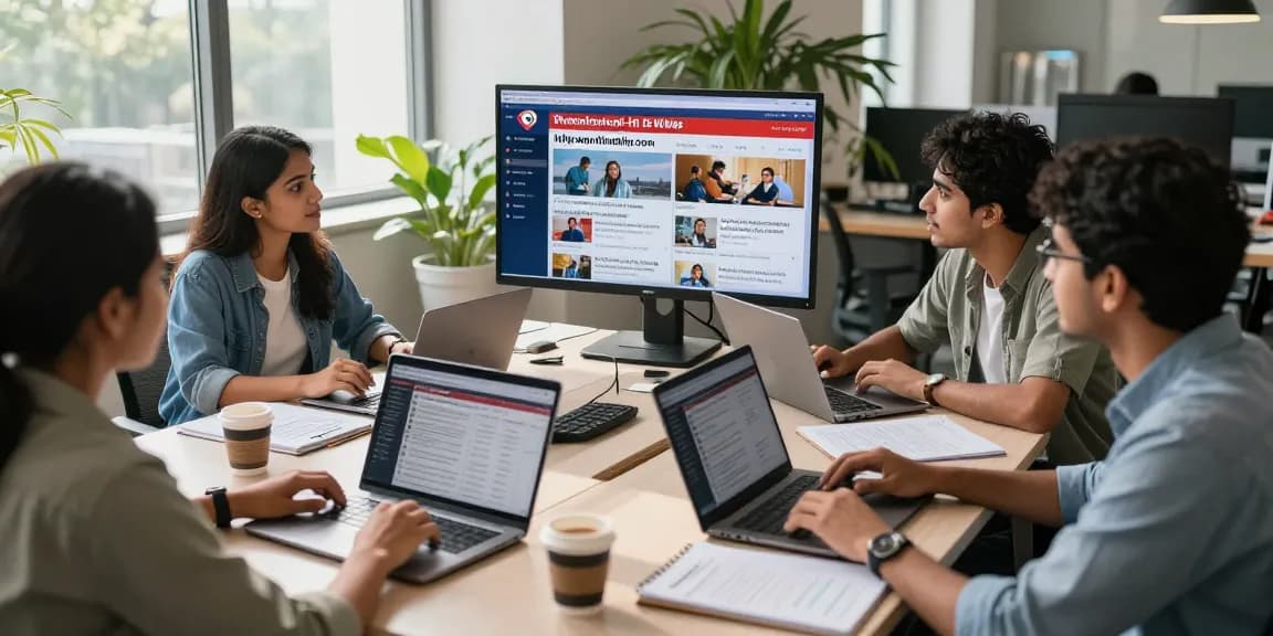 Journalists collaborating on current events at https://www.theindaily.com in a modern newsroom environment.