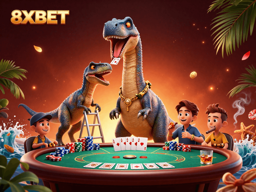 Experience thrilling action with 8XBET's vibrant poker scene showcasing a unique dinosaur-themed casino backdrop.