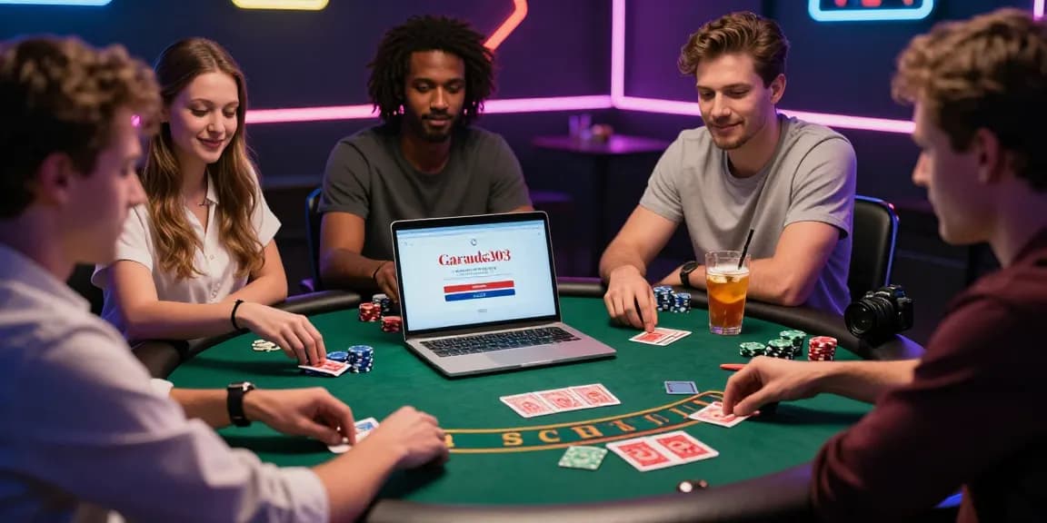 Friends enjoying an exciting gaming night with garuda303 casino platform and vibrant atmosphere.