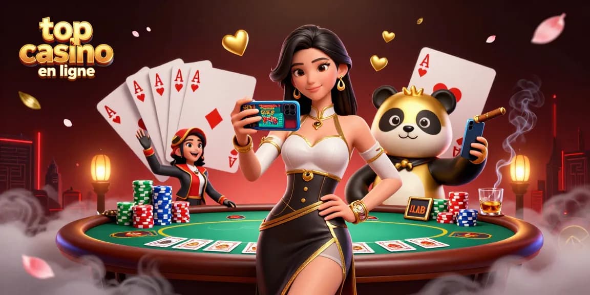 Scène captivante de meilleurs casinos en ligne mettant en avant une femme asiatique jouant à un jeu de casino, entourée d'éléments de poker vibrants.