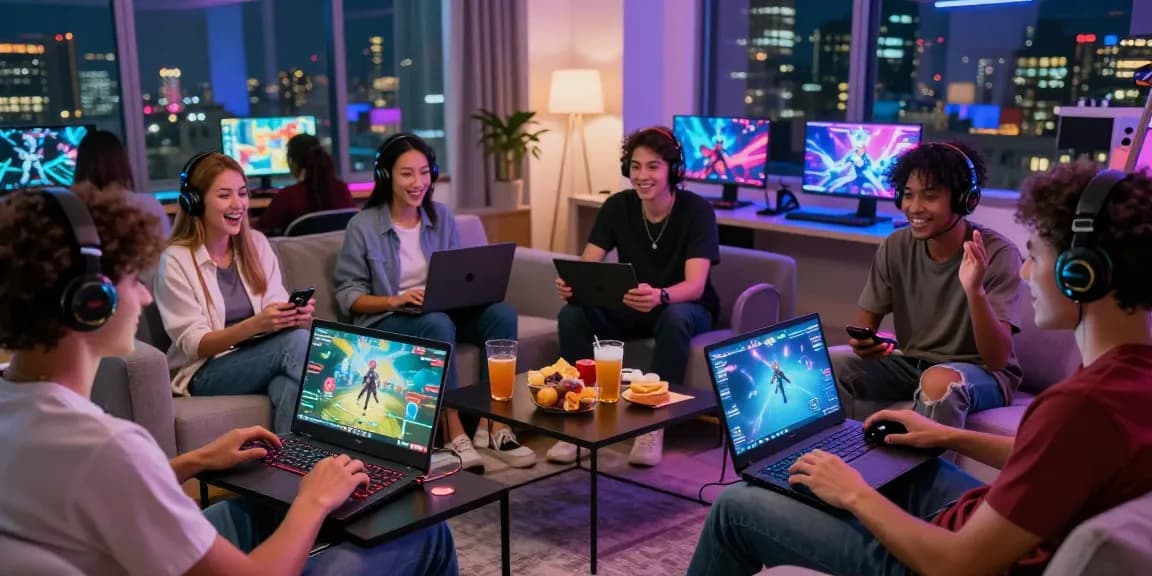 Friends enjoying garuda303 online games in a vibrant gaming setup