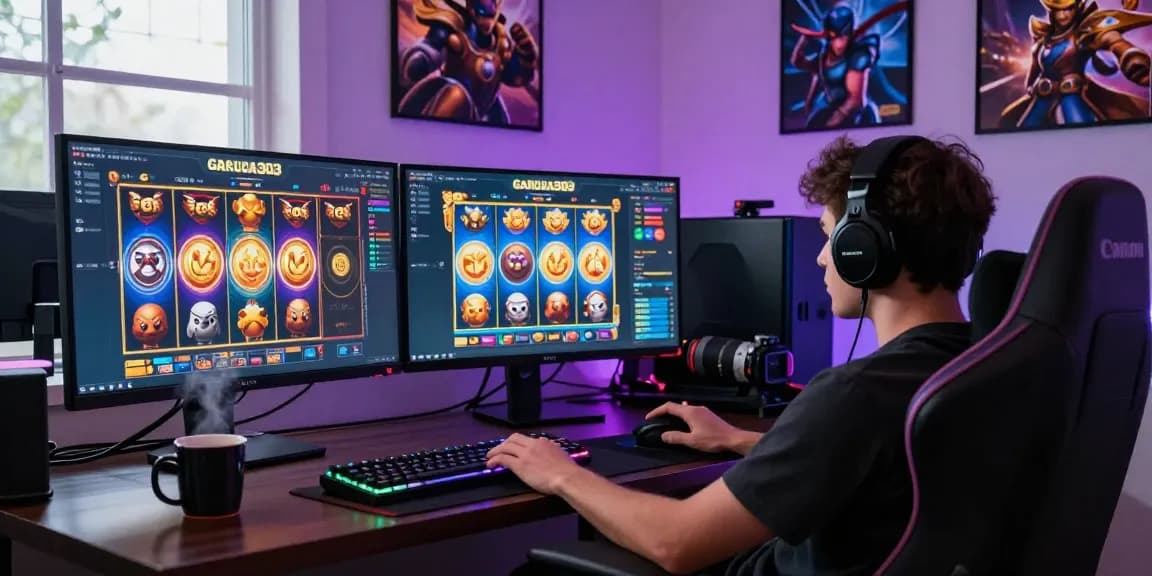 Player enjoying garuda303 online slots in a vibrant gaming setup with modern accessories.