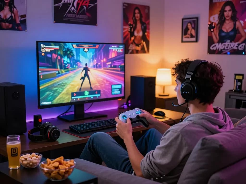 Engaged player enjoying a real porn game in a cozy gaming room.