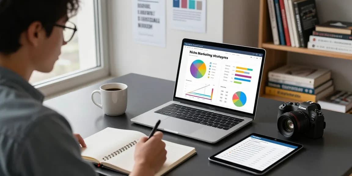 Niche marketing strategy course in a modern online learning environment with a student engaged in taking notes.