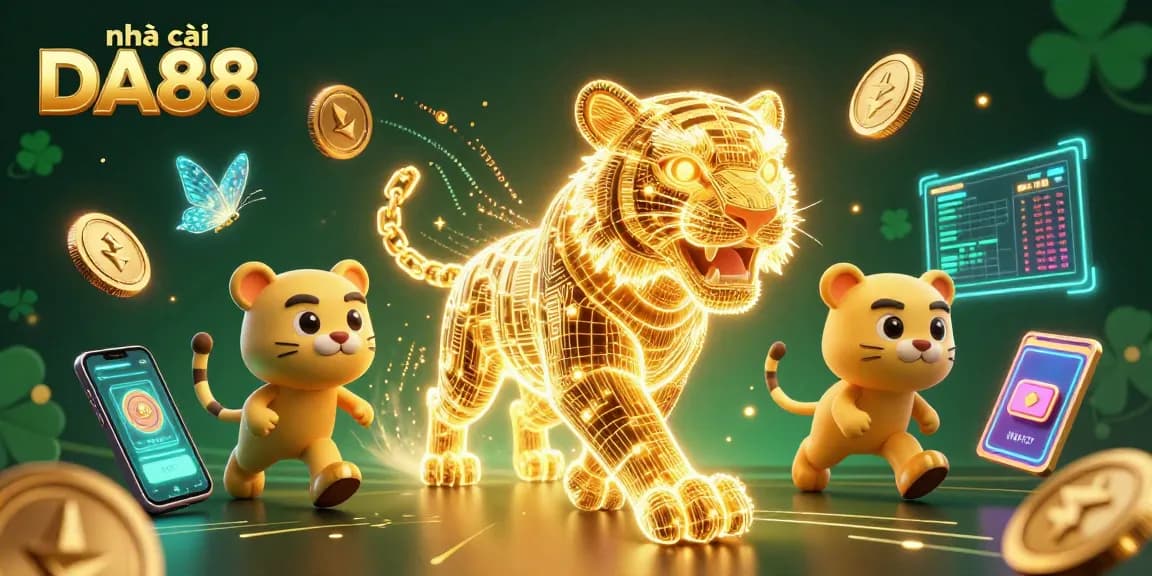 Engaging nhà cái DA88 illustration showcasing a vibrant digital casino landscape with crypto coins and casino elements.