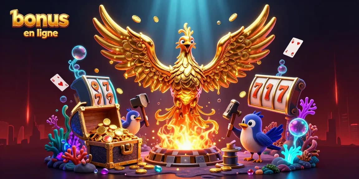 Réclamez votre bonus casino en ligne avec une scène immersive remplie d'éléments de jeu captivants.