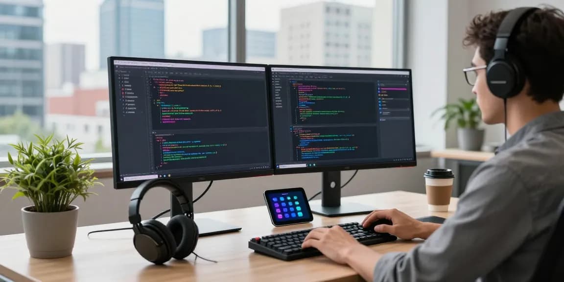 Developer coding on dual monitors about 纸飞机中文版 in a modern workspace.