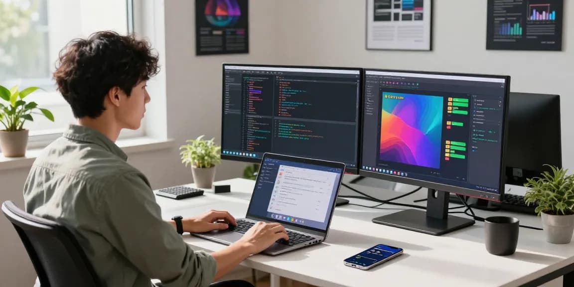 Developer coding with 纸飞机中文版 open on multiple screens in a modern tech office