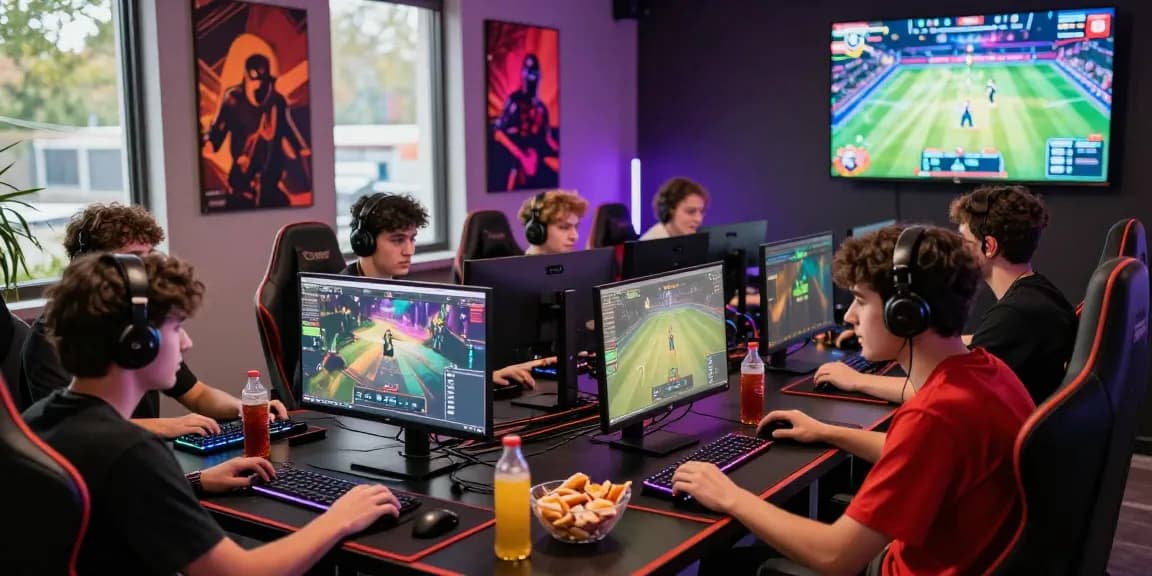 Engaged gamers at a vibrant gaming hub featuring garuda303, showcasing modern gaming setups and collaboration.