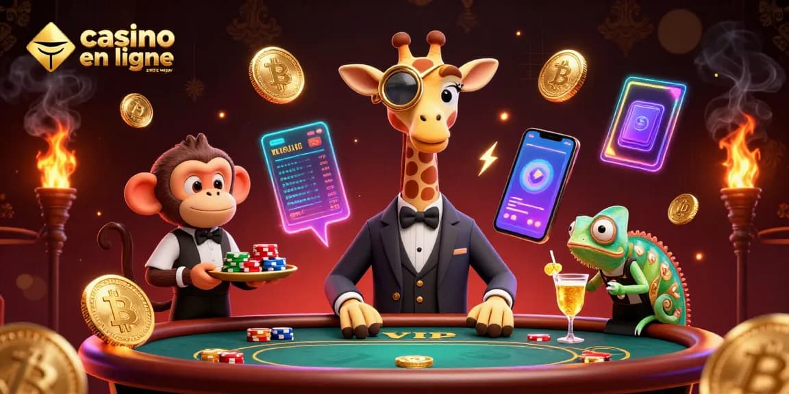 Profitez de l'expérience d'un casino en ligne sans wager avec une girafe en costume et des éléments de poker animés.