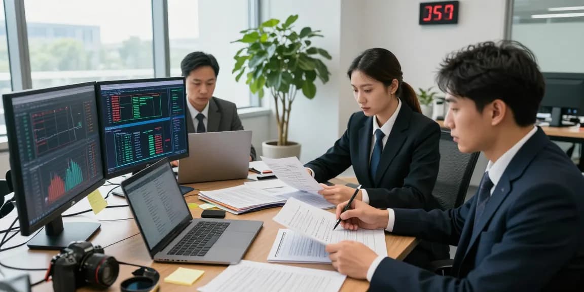 Professionals engaged in asset tracing analysis in a modern financial investigation office.