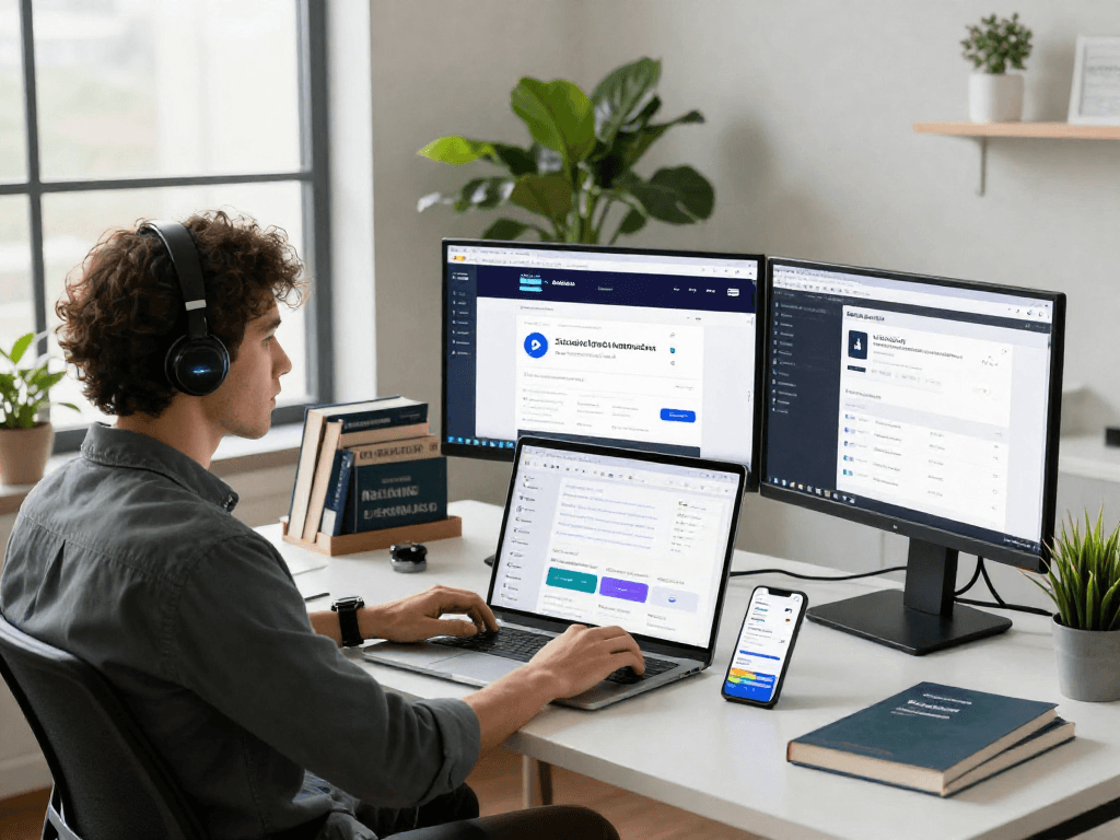 Digital marketer using an antidetect browser in a modern workspace with multiple screens.