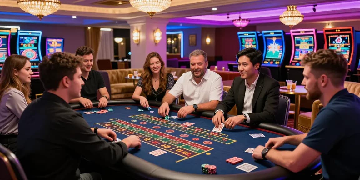 Découvrez l'excitation du top casino en ligne avec des joueurs profitant de la roulette sous des lumières néon vibrantes.