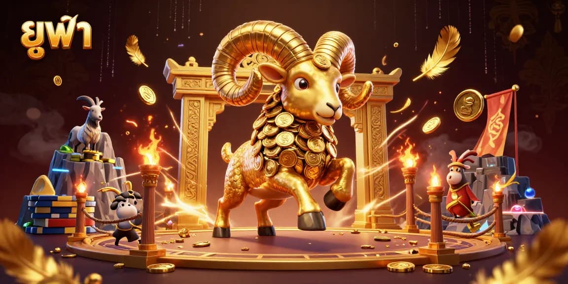 Experience the thrilling ยูฟ่า moment as the golden ram charges through a vibrant casino arena.