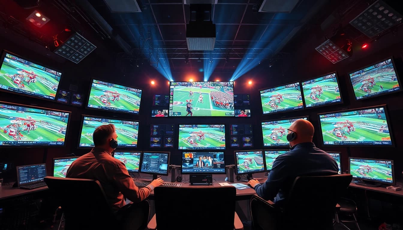 Engaging scene of Sports Broadcasting with professional broadcasters in a high-tech studio.