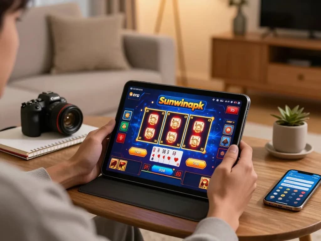 Player using sunwinapk on tablet while relaxing at home, showcasing engaging casino games.