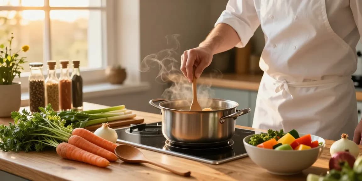 Leckere Klare Suppe, die mit frischen Zutaten in einer gemütlichen Küche köchelt.