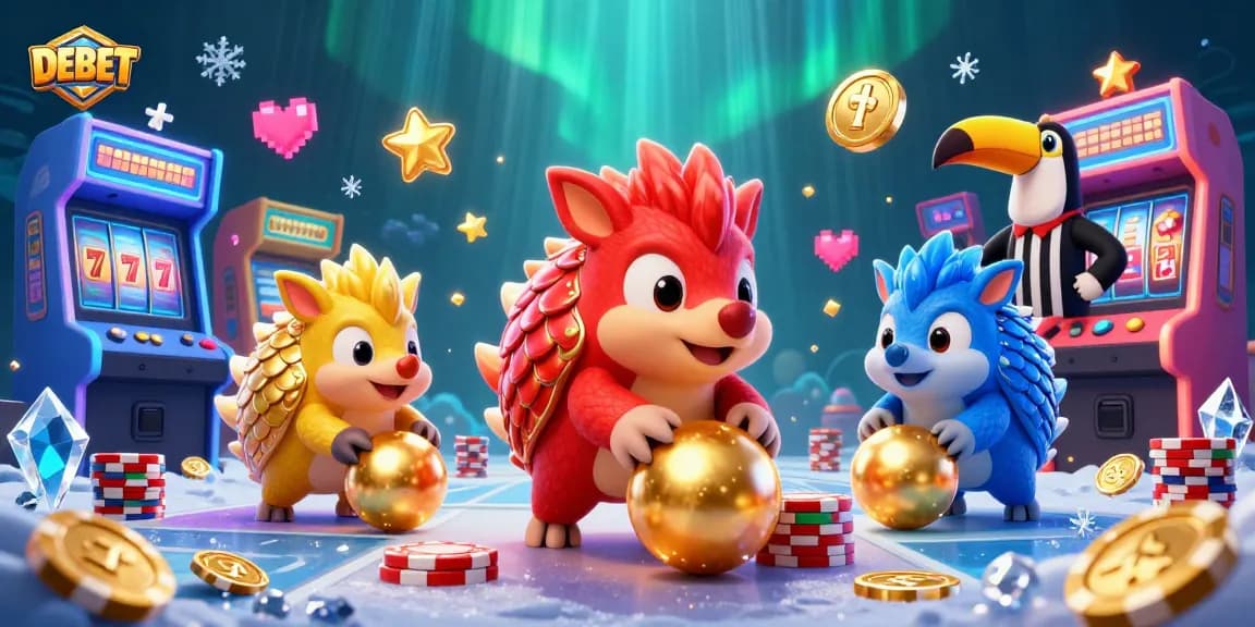 Experience DEBET slots as playful pangolins face off amidst golden chips and vibrant arcade elements.