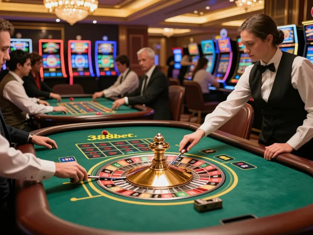 Experience excitement at 388bet roulette table with players and croupier under warm lighting.