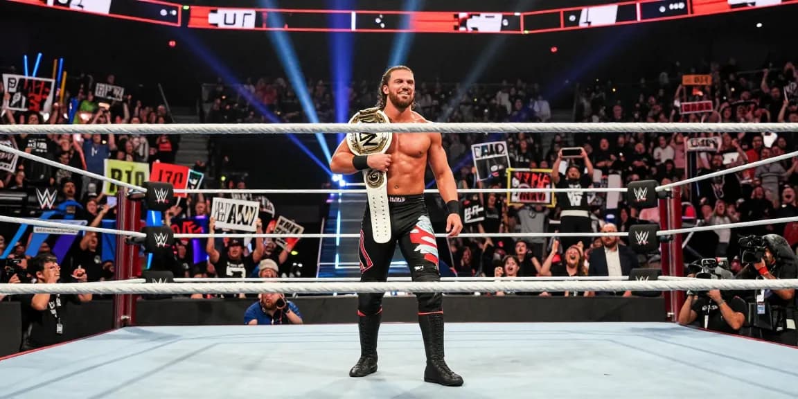 MJF dominating the wrestling ring at a WWE event, showcasing his charisma and the AEW Championship belt.