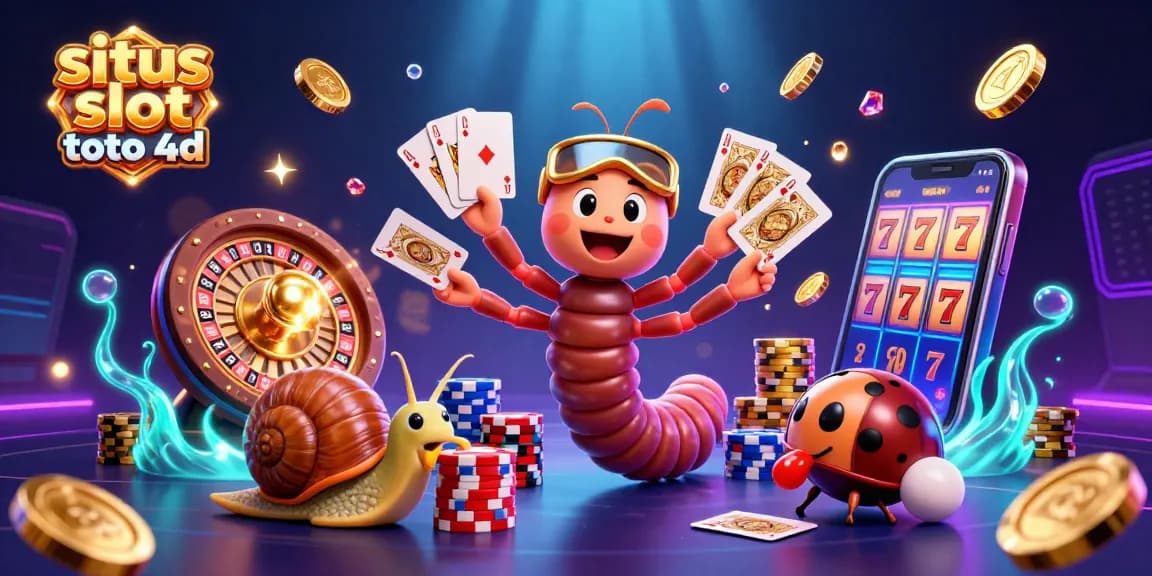 Engage with situs slot toto 4d's vibrant scene featuring a cartoon millipede dealer and lucky slot machine reels.