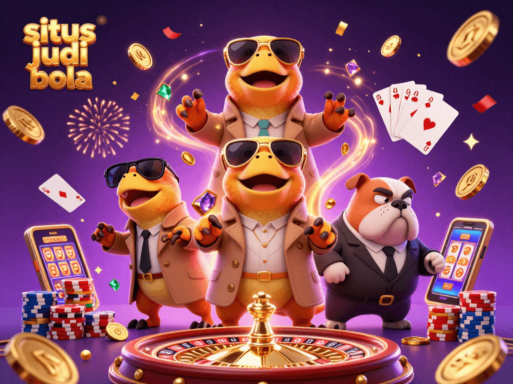 Bet on situs judi bola with a playful scene of raptors in disguise entering a casino lounge