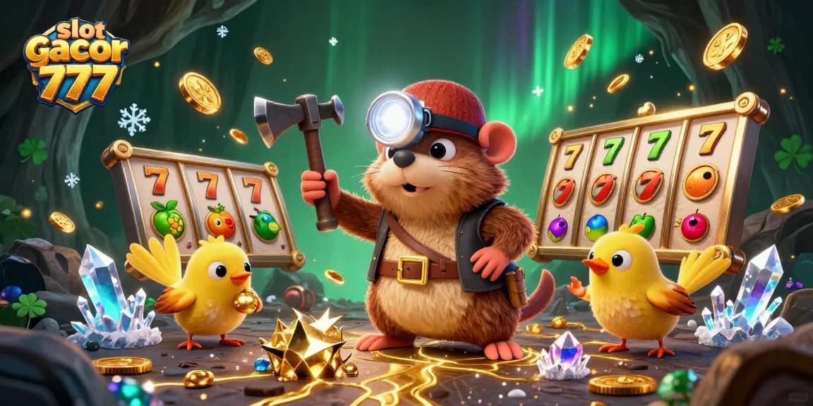 Slot gacor 777 menampilkan mole petualang mencari harta karun dalam suasana kasino penuh slot.