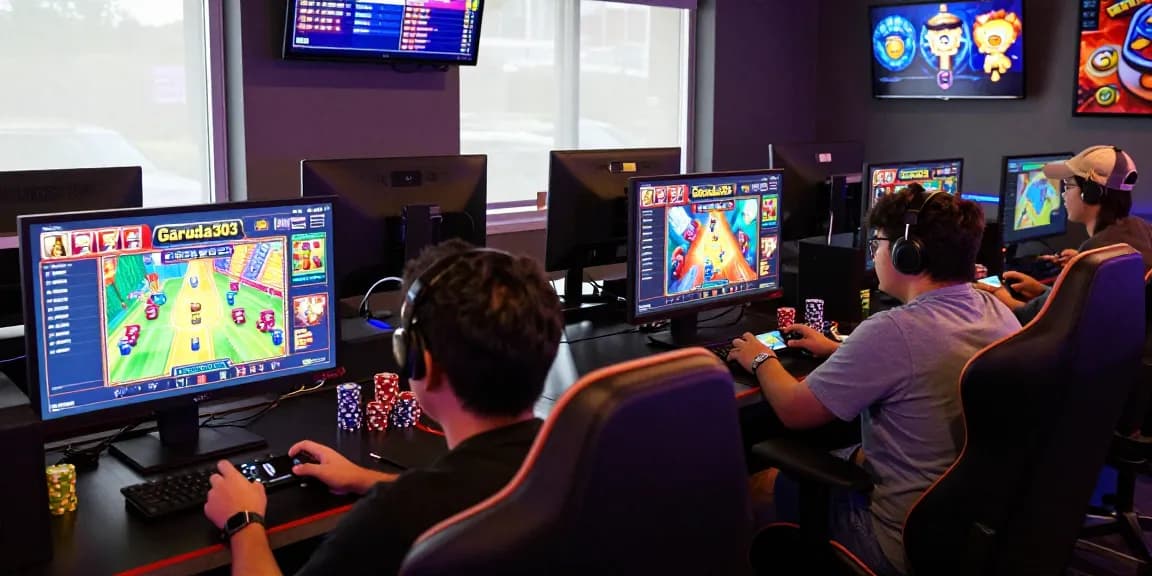 Players enjoying Garuda303 games in a lively online lounge with vibrant atmosphere.