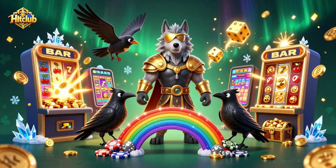Hitclub celebrates wins with a 3D Norse-themed casino scene filled with immersive gaming elements.