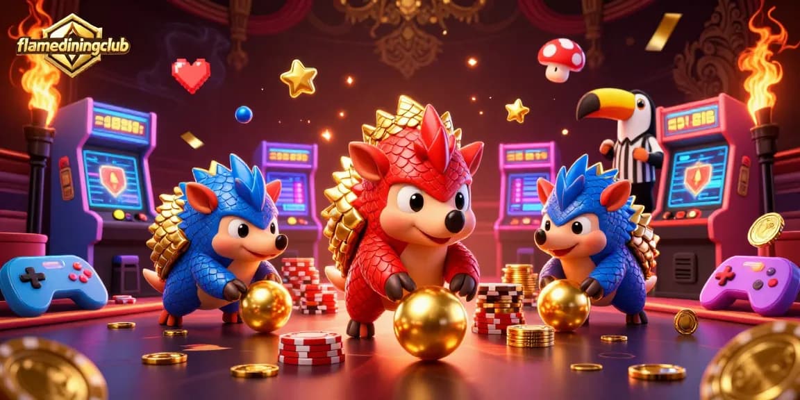 Engage in thrilling gameplay at flamediningclub with pangolin characters rolling golden balls in a vibrant casino scene.