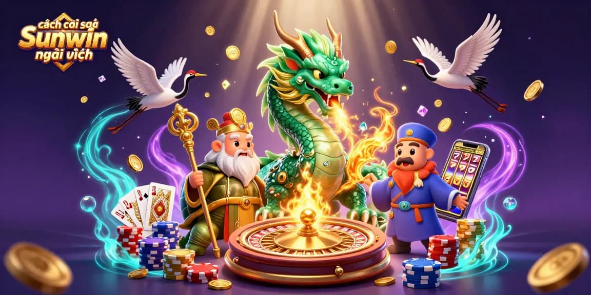 Play and win with cách cài đặt Sunwin mới nhất featuring vibrant dragons, coins, and exciting game elements.