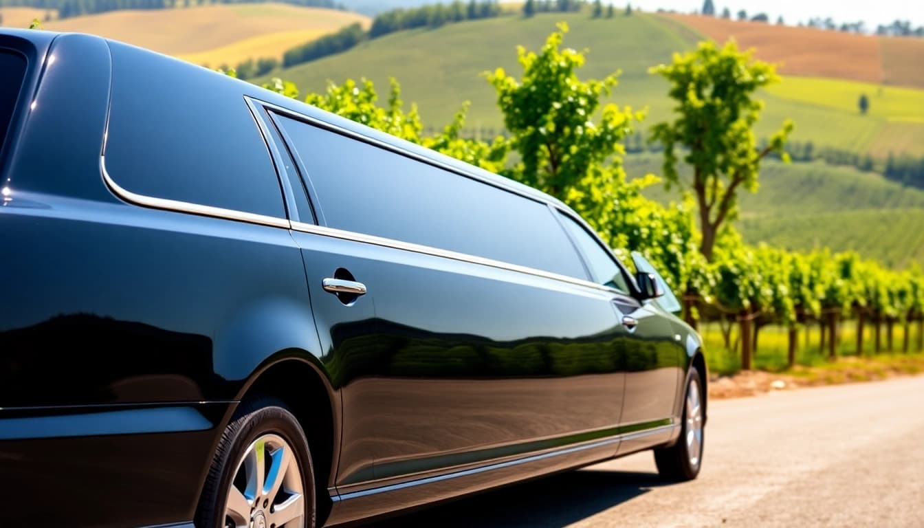 Experience the luxury of a winery tour limousine surrounded by lush vineyards.
