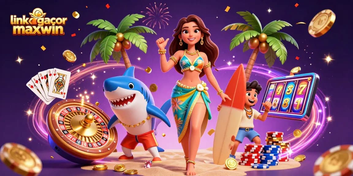 Rasakan kegembiraan dengan link slot gacor maxwin dalam ilustrasi kasino yang penuh warna ini yang menampilkan karakter menarik dan elemen dinamis.