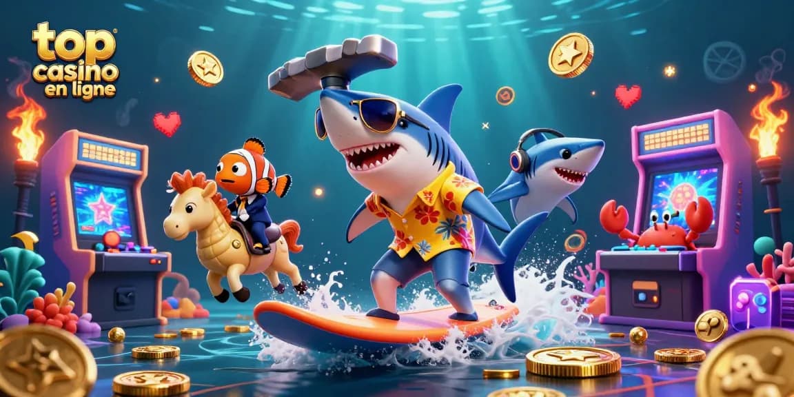 Jouer aux meilleurs casinos en ligne avec un requin de dessin animé et une scène sous-marine vibrante.