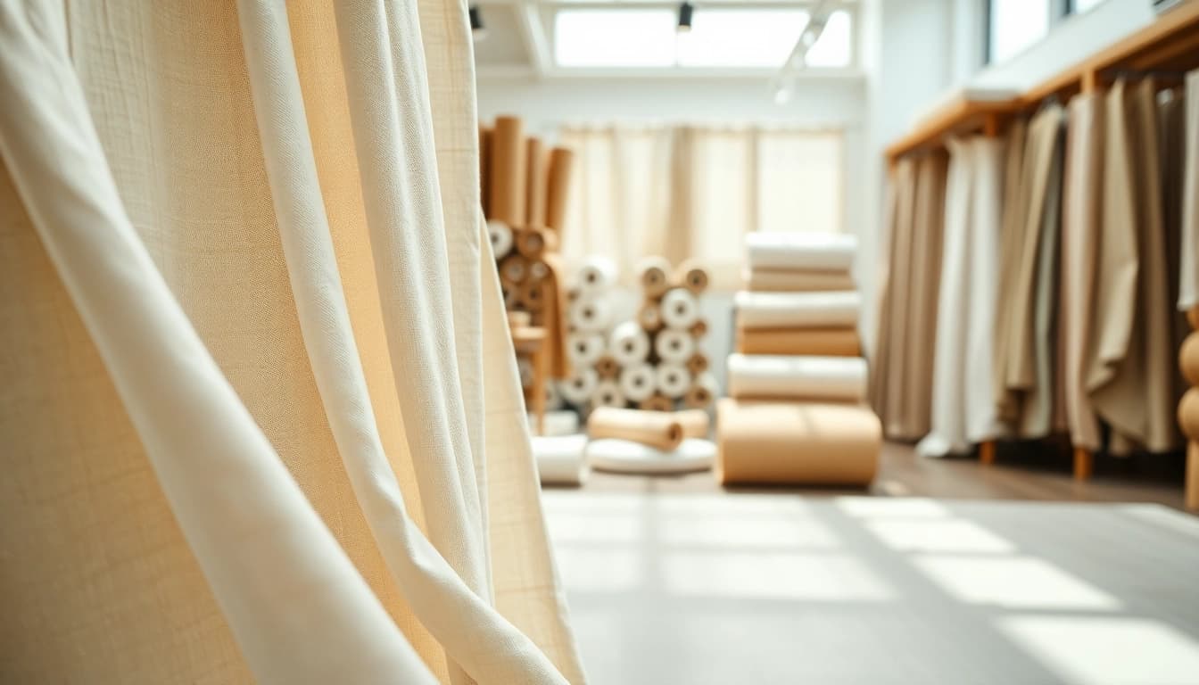 Linnen stof toont zijn unieke textuur en kleur variëteiten in een stijlvolle showroom.