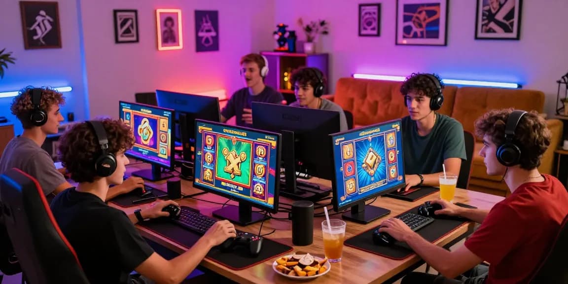Exciting gaming scene at GARUDA303 with colorful slot graphics and enthusiastic players enjoying online games.