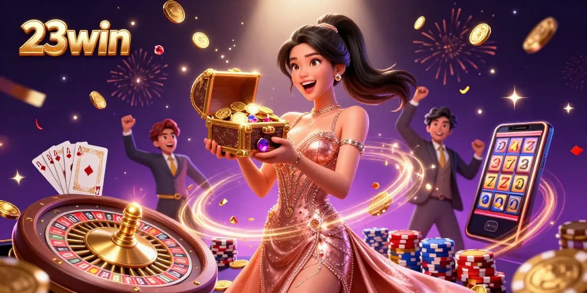Experience the thrill of 23win with an exciting treasure chest overflowing with gems and coins.