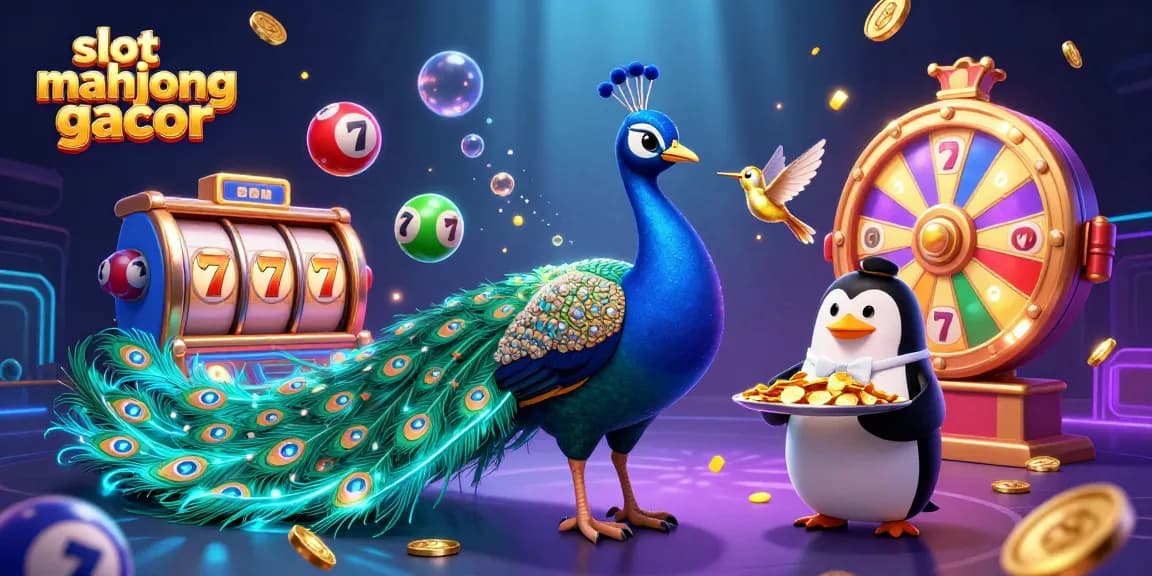 Engage with slot mahjong gacor in a vibrant casino scene featuring a peacock, a penguin, and a hummingbird.