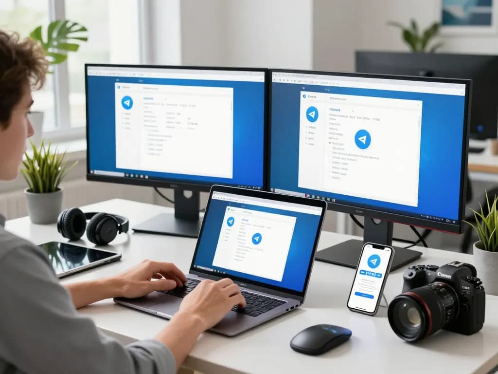 Setting up the Telegram 中文 application in a modern tech workspace with dual monitors.