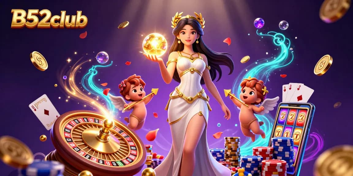B52club entices players with a vibrant 3D illustration of a goddess and cherubs amidst casino elements, showcasing the thrill of gaming.