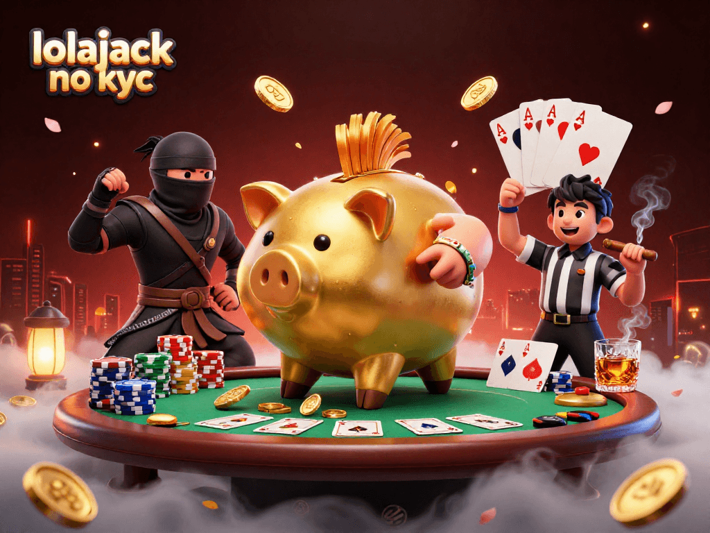 Engage in exciting play at lolajack no kyc with a dynamic scene of battling characters amidst casino elements.