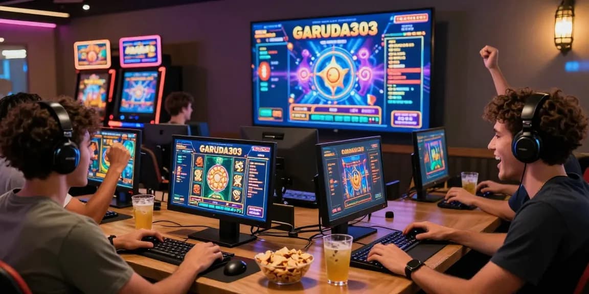 Players enjoying online games at Garuda303 with glowing screens and snacks