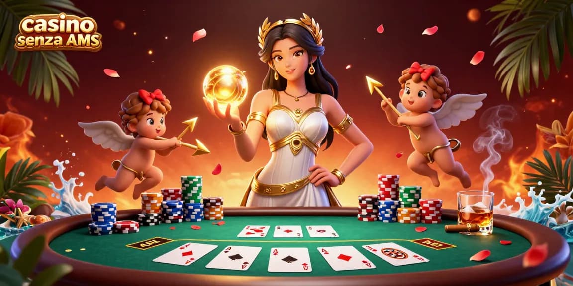 Interagisci con i giochi dei casino senza AAMS che presentano una dea e cherubini in una vivace scena 3D.